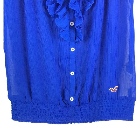 Hollister Blouse Women's M Royal Blue 3/4 Sleeves Scoop Neck Ruffle Button Front - Picture 5 of 9